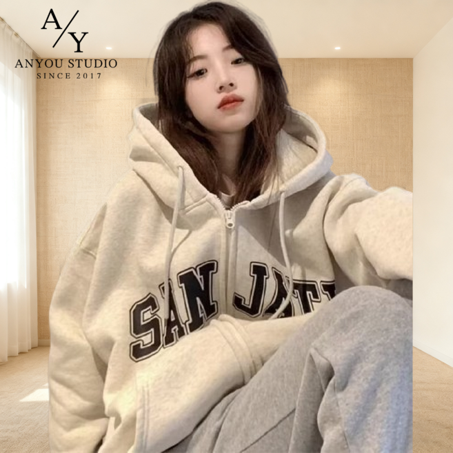 ANYOU 봄가을 데일리 여성맨투맨 풀오버 후드티 루즈핏 자켓 빅사이즈 후드집업 무지 코트