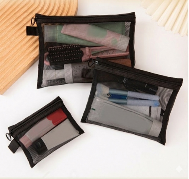 메쉬 파우치 3종 세트 여행용 화장품 다용도 수납 가방