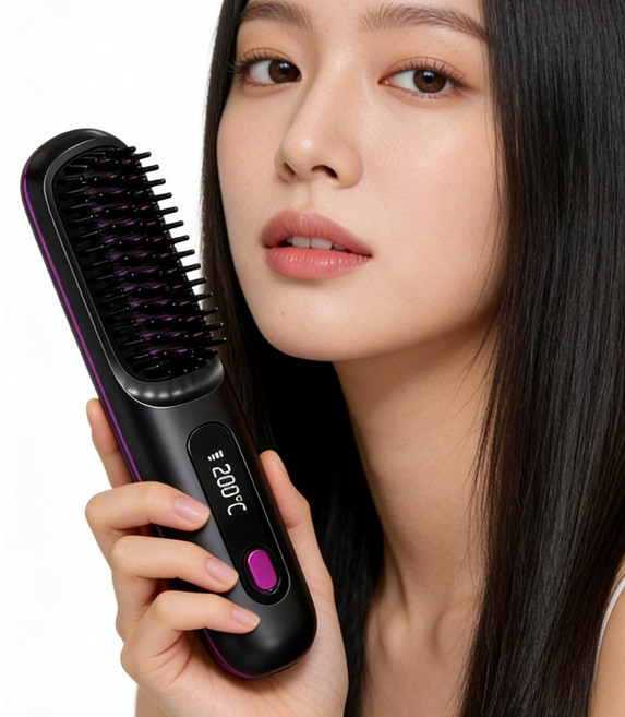 하루꿈 무선 빗 고데기 휴대용 브러쉬 스타일러 3단계 온도조절 USB 충전식 매직기, 블랙, 1