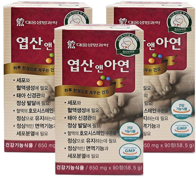 건강두배로 대웅생명과학 엽산 앤 아연, 3개, 90정