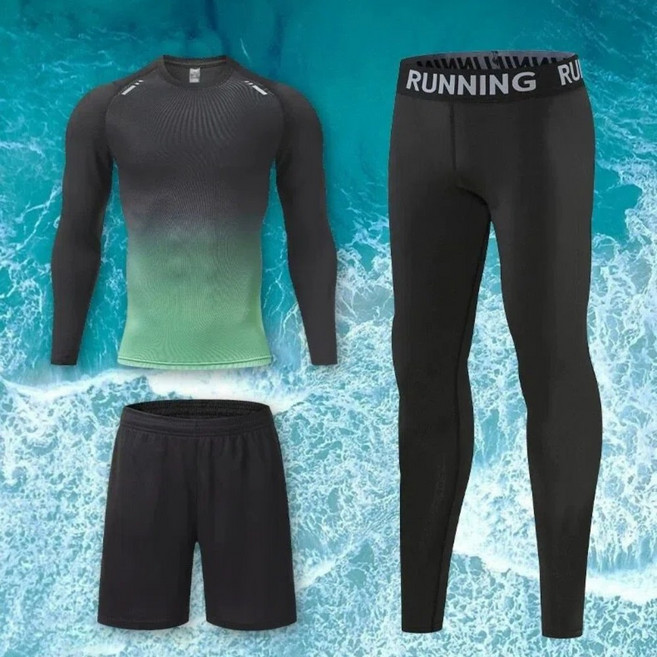 AD3377남자 고퀄 면혼방 라운드넥 긴팔 자외선차단 5부 반바지 긴바지 레깅스 팬츠 슬림 배색 상하세트 3종 쓰리피스 수영복 래쉬가드