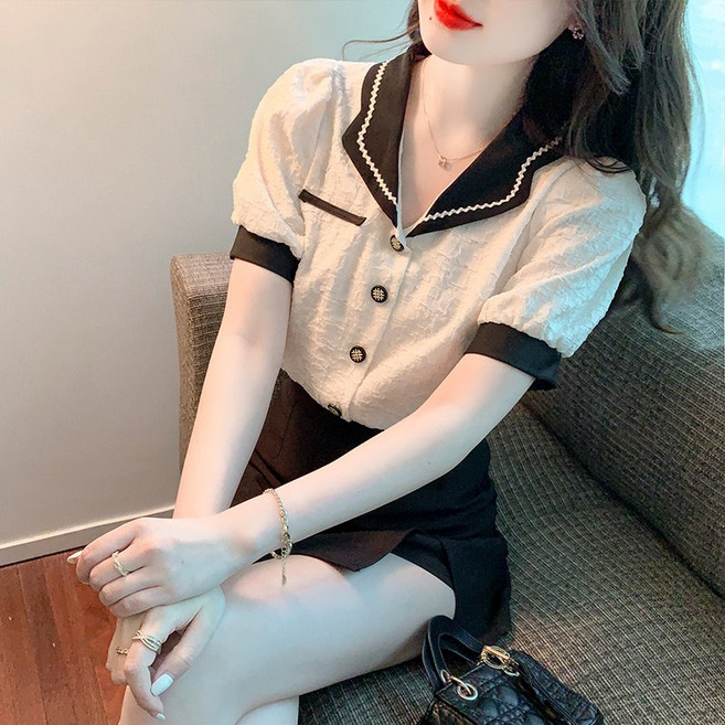 AURALA 여성 레이스 반팔 블라우스 셔츠 여름 하객룩 셔츠 남방