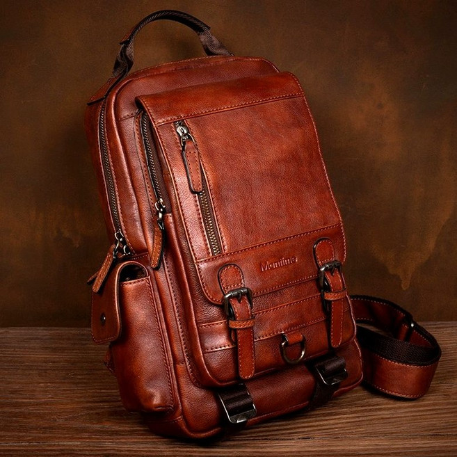 슬로우 타임 레트로 가죽 가슴 가방 슬링백 남자 크로스 남성 백팩 고급 소가죽