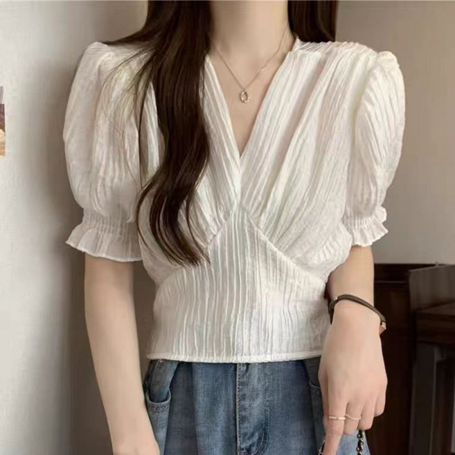 AURALA 여성 슬림핏 패션 브이넥 블라우스 캐주얼 퍼프소매 반팔티