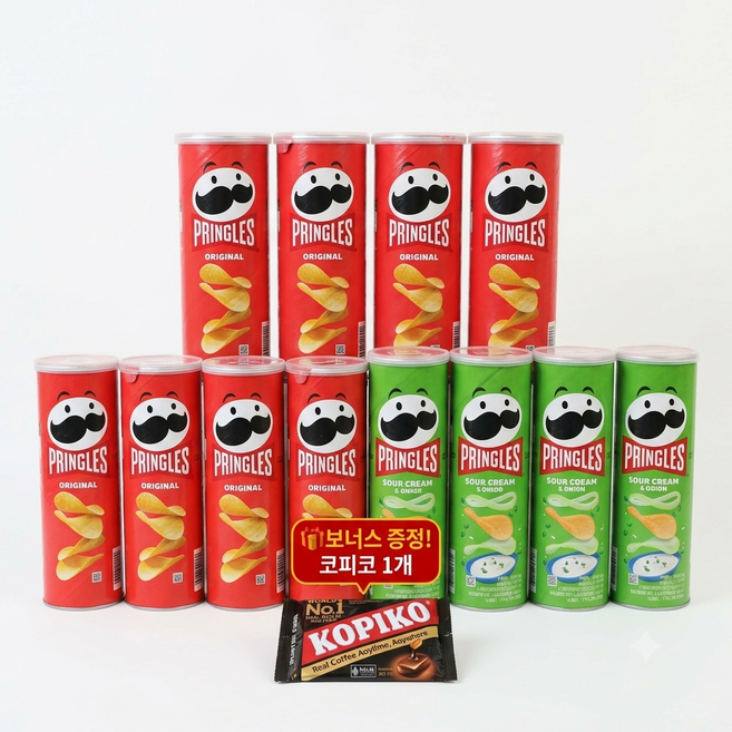 프링글스 감자칩 오리지날 110g x 8개 + 사워크림 어니언 110g x 4개 세트 (+코피코 캔디 증정), 12개