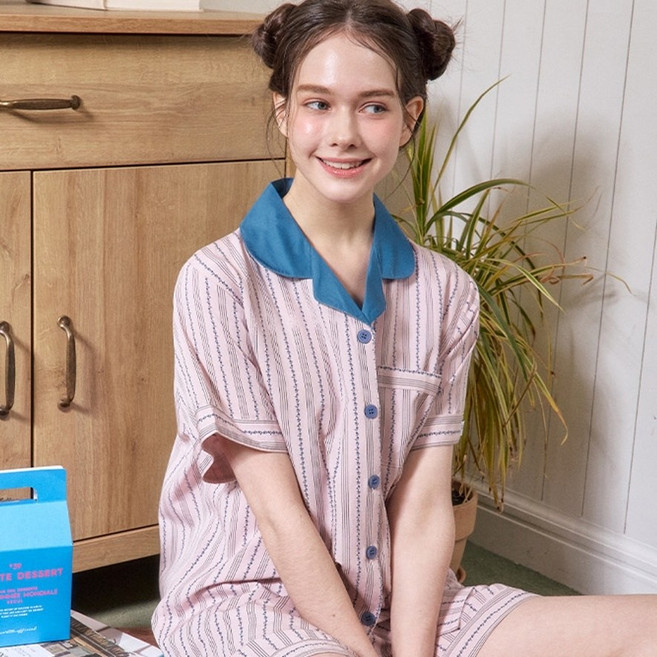 MARIQUE 여성 포인트카라 반팔잠옷 세트