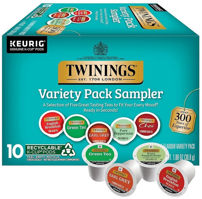 Twinings 디카페인 잉글리시 브렉퍼스트 홍차 K-컵 포드 Keurig용 24개 (1팩) 매끄럽고 맛있고 견고함 뜨겁거나 얼음을 즐기세요, 10 Count (Pack of 1), Variety Pack (K-Cups)