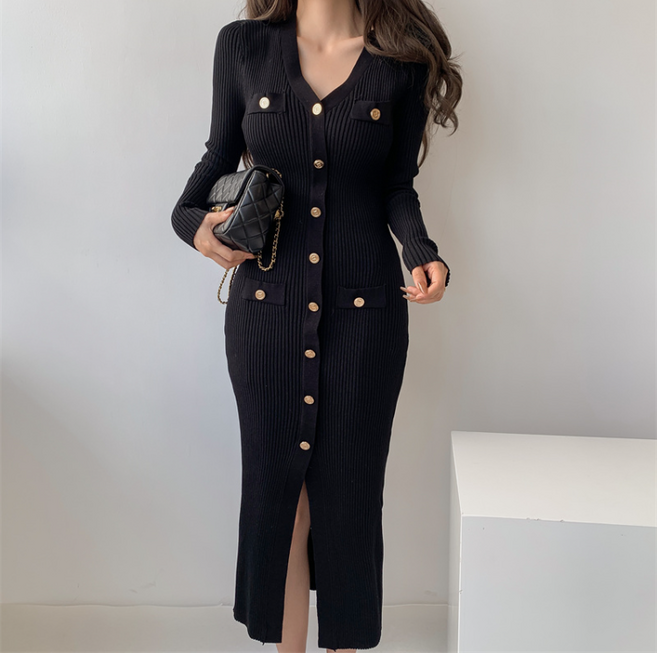 루루뷰티패션 골지 니트 브이넥 금장 단추 롱 레오날 원피스 KJK-258