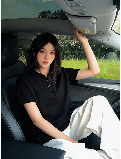 灰色亨利領短袖POLO衫 男款 復古拼接正肩T恤