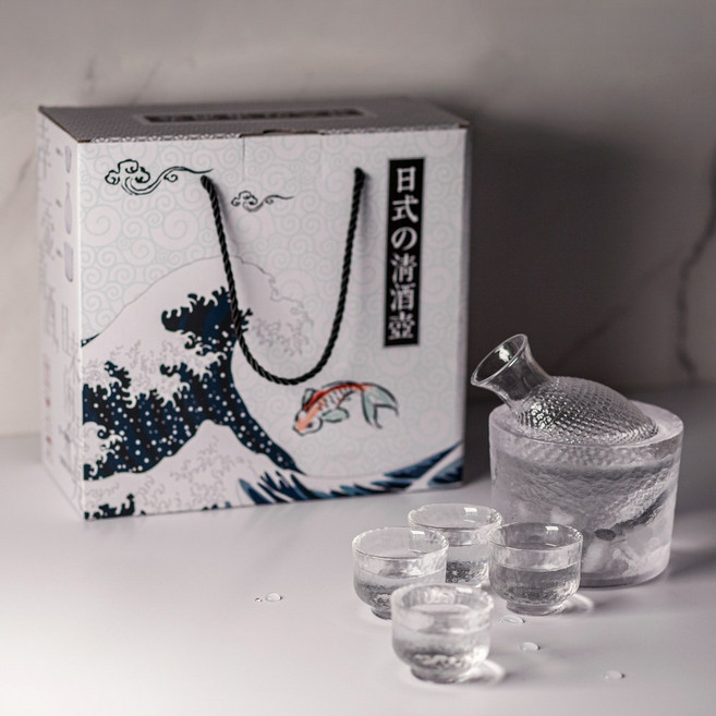 웬즈데이오프 소주잔 세트 투명, 1세트, 잔 4P + 유리병 + 코르크마개 + 얼음통