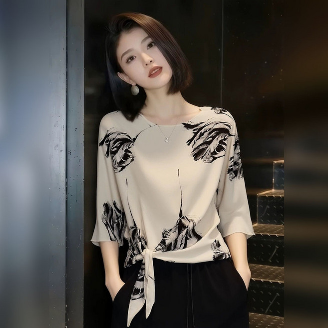 6위 - 지고다그 여성 여름 쉬폰 블라우스 플라워 프린트 보트넥 7부소매 밑단매듭 루즈핏 셔츠 BYA455