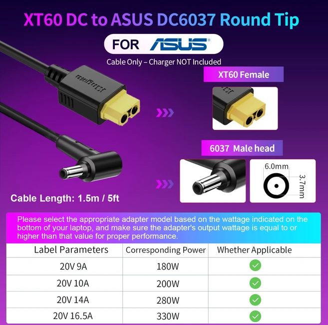 노트북용 330W GaN 충전기 XT60 to DC 케이블 어댑터 400W 레노버 아수스 델 에일리언웨어 hp 호환 에, 06 XT60 ASUS 6037 330W