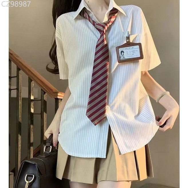 日系JK制服學院風寬鬆百搭別緻條紋短袖襯衫女夏季新款上衣