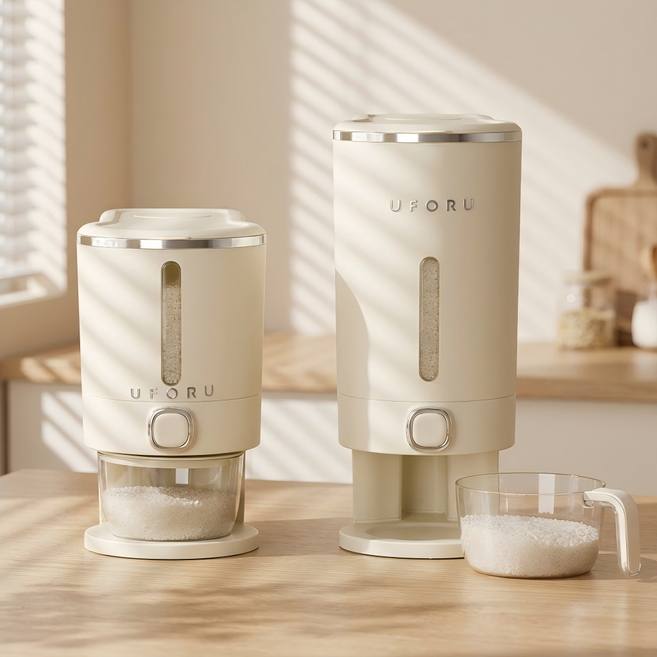 LINSHU 원터치 쌀통 밀폐 방습, 크림 화이트, 1개