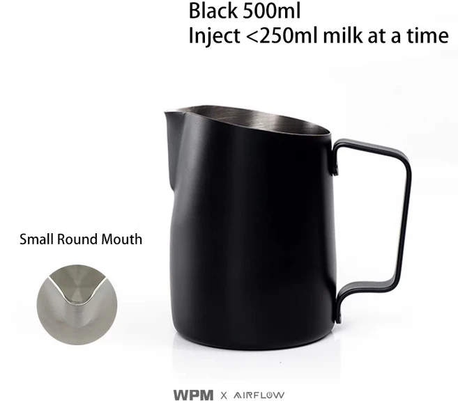 미니빔 AIRFLOW WPM 공동 450ml/500ml 우유 투수 스테인레스 스틸 둥근 입 우유 거품 주전자 라떼 아트, 08 21Black-500ml