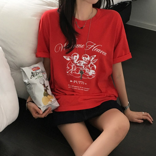 티데일리 남녀공용 푸티 프린팅 오버핏 20수 라운드 반팔 티셔츠