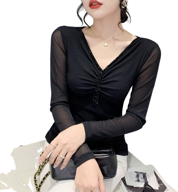 댄스복 상의 브이넥 비즈 멀티 망사 티셔츠 여성용 긴팔 뉴타임즈F12016