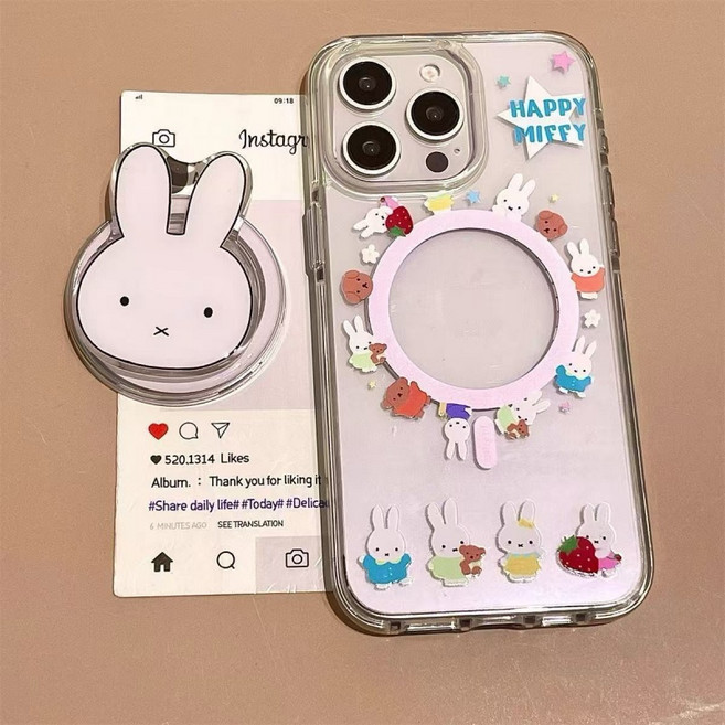 티류으스 캐릭터 미피 토끼 맥세이프 그립톡 갤럭시S25케이스 + 거치대 호환 케이스