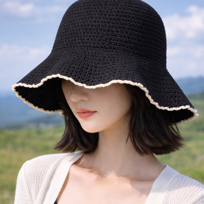 수린 얼굴소멸 배색 라인 뜨개 버킷햇 벙거지