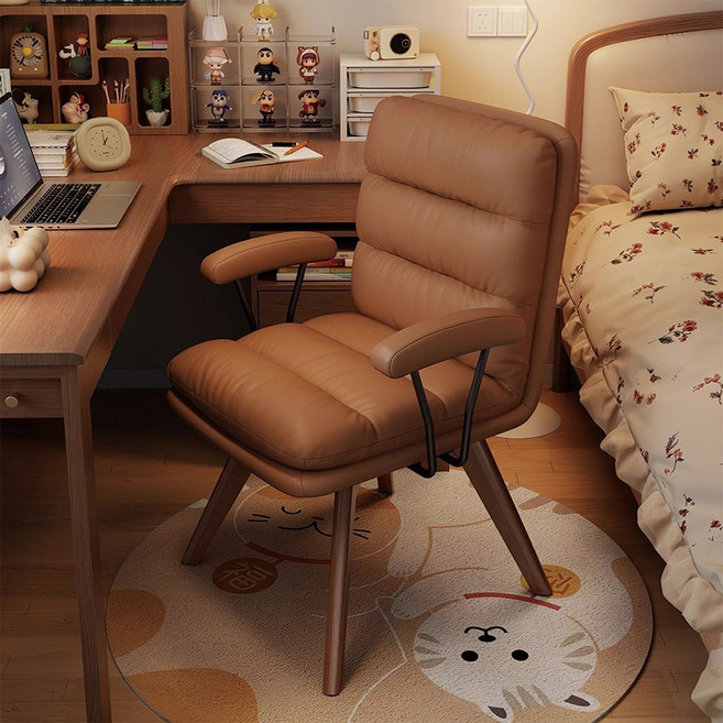 實木旋轉椅 超纖皮 靜音旋轉 舒適久坐, 棕色