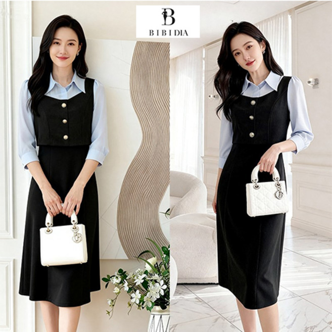 비비디아 여성 셔츠 배색 레이어드 원피스 고급 슬림핏 하객룩 오피스룩 미디 기장 (S~2XL) 5597