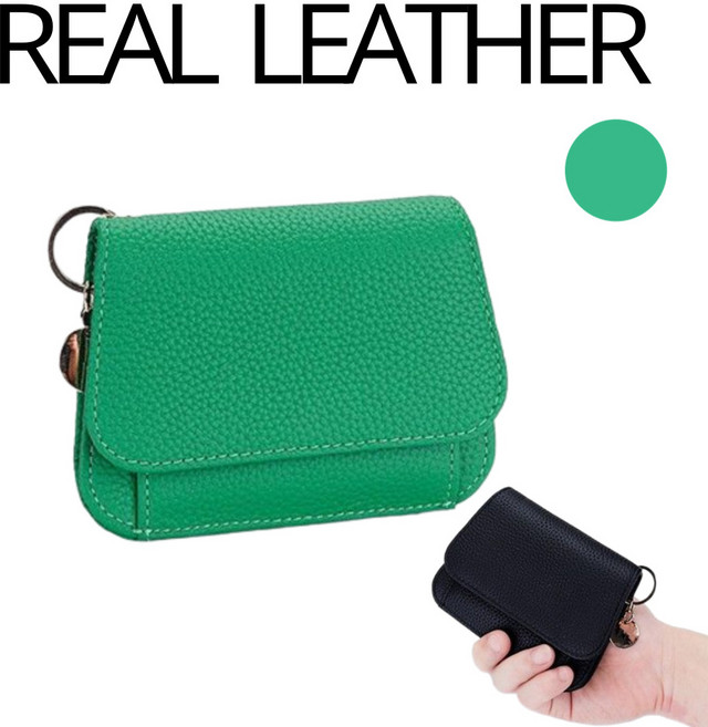 여성 소가죽 반지갑 미니 카드지갑 키링 동전 지폐 손지갑 그린