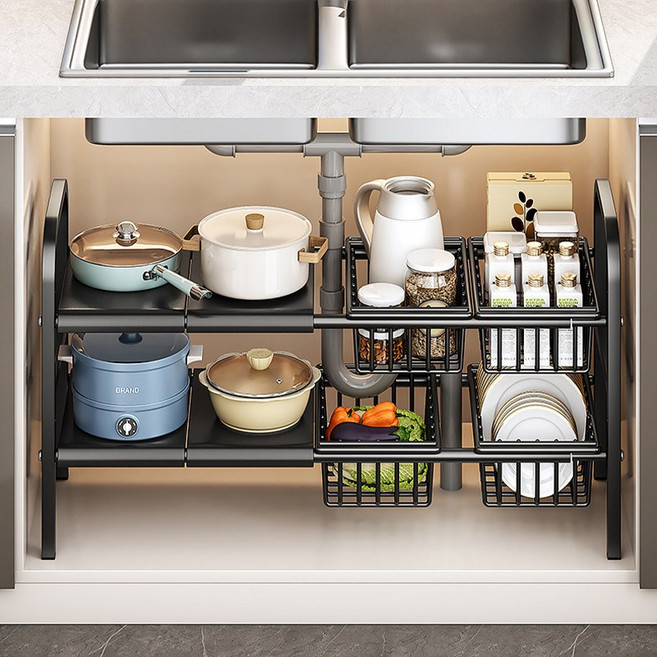 Tiger Pavilion 폭조절 싱크대 하부장 정리선반 2단 4보드 바구니 4개 포함, 1개, 블랙