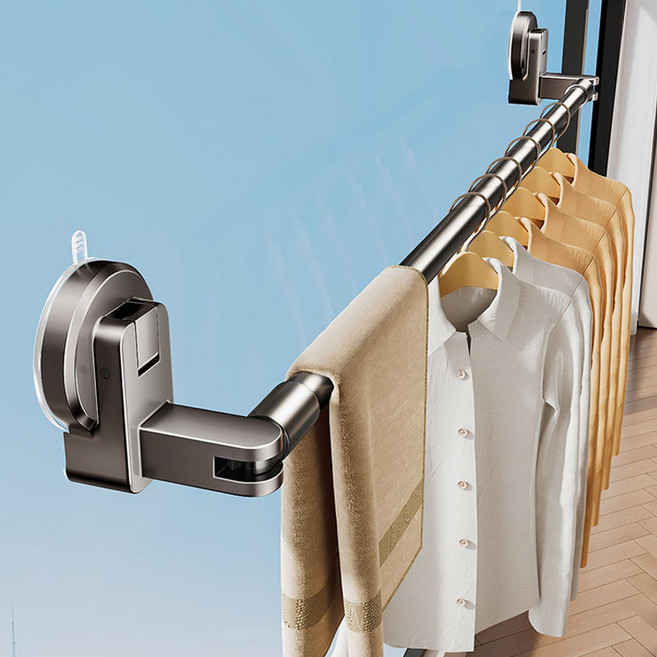 무타공 길이조절 흡착식 폴딩형 벽부착 빨래건조대 행거 큰사이즈, 그레이