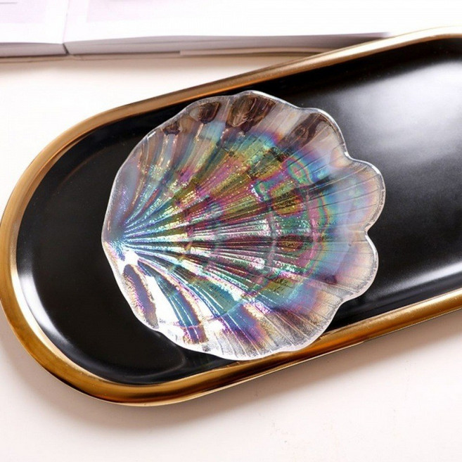 炫彩玻璃貝殼盤碟 海洋風水果零食擺件碟 少女心美甲小碟, 中號漸變藍貝殼, 1個