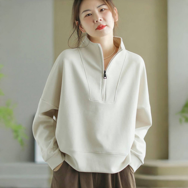 ROYALBELLE 여성 하프집업 스탠드넥 루즈핏 캐주얼 오버사이즈 티셔츠 Y0101609