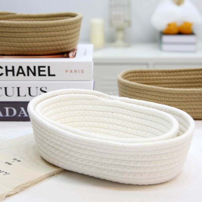 내일의공간 무지 타원형 면로프 수납 라탄바구니, 1개, 소형 브라운