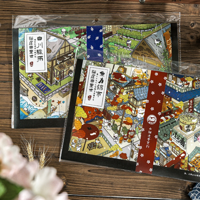 [비 내리는 골목과 물빛 시장] 고양이 마을 1.0 3D 집 꾸미기 스티커 빅사이즈 2종세트(핀셋포함), 1세트, 혼합