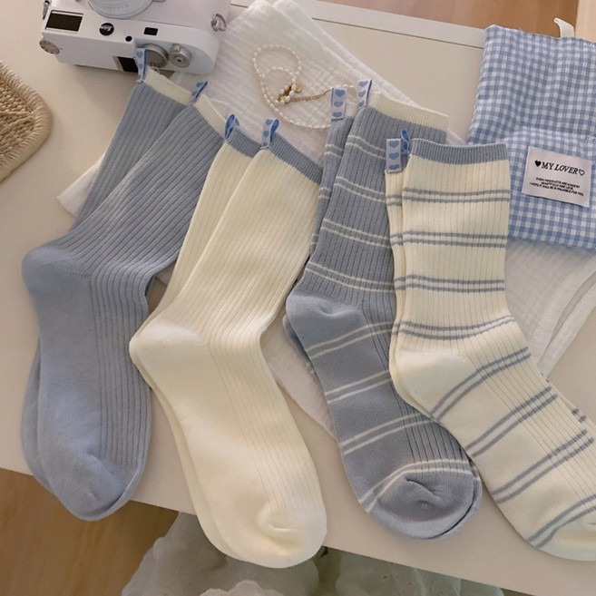 Banjiwu 여성 양말 배색 스트라이프 봄여름 양말 장목 양말 중장 운동 패션 면양말 4족 세트