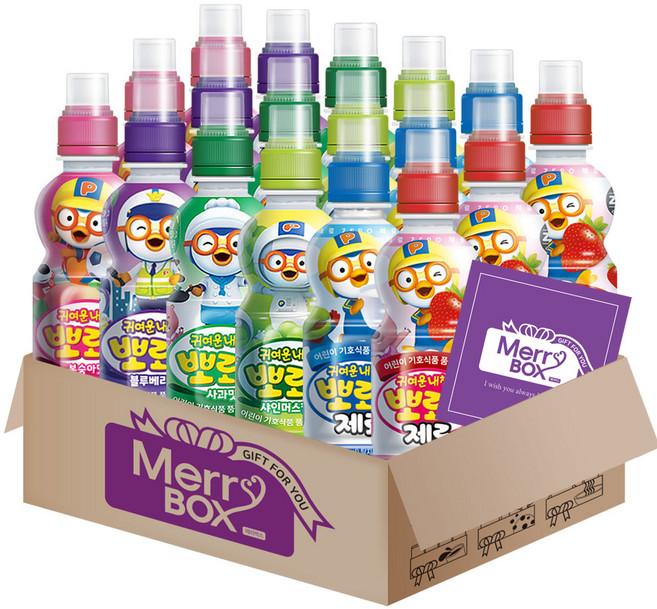 [메리박스] 뽀로로음료 18개(밀크제로3+딸기제로3+사과3+샤인머스캣3+블루베리3+복숭아3)+메세지카드, 235ml, 1박스