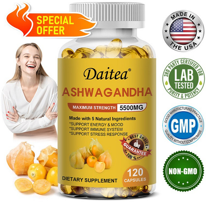 유기농 아슈와간다(Ashwagandha) 5500mg 허브 캡슐로 집중력과 일상 건강관리 지원, 1개, 60회분