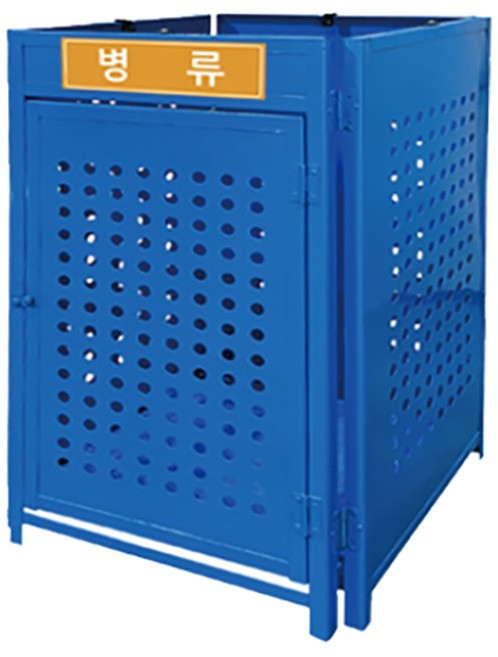 펼치기만 하면 되는 분리수거함 철재 청색 재활용 스티커 1개 포함 마대걸이 4개 편리한 사용 통풍구멍 환기잘되는 학교 군대 병원 행사장 콘서트, 종이류