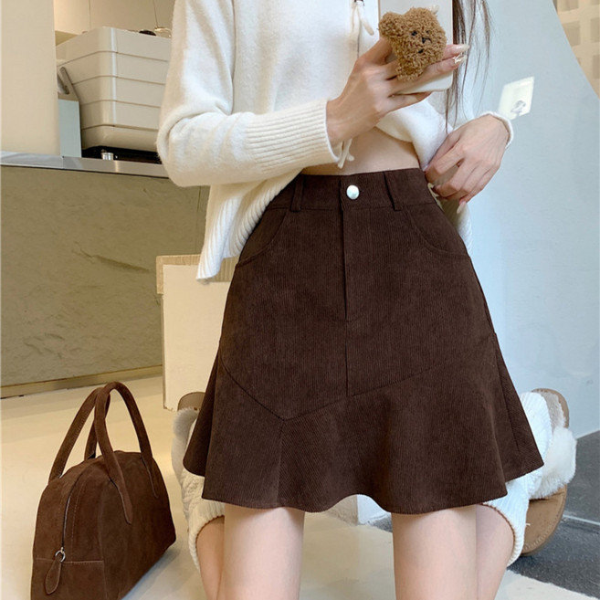 COSYEVNO 여성 짧은 스커트 가을 빅사이즈 패션 코듀로이 하이웨스트 무난한 노출 방지 A라인 머메이드 미니 스커트 lyjnsmndq-01