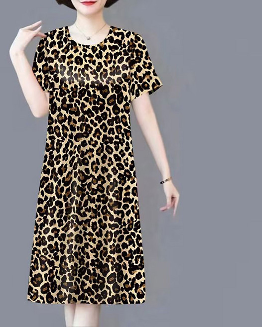 VVRR 여성 중간 길이 원형넥 반팔 프린트 원피스 A0040902