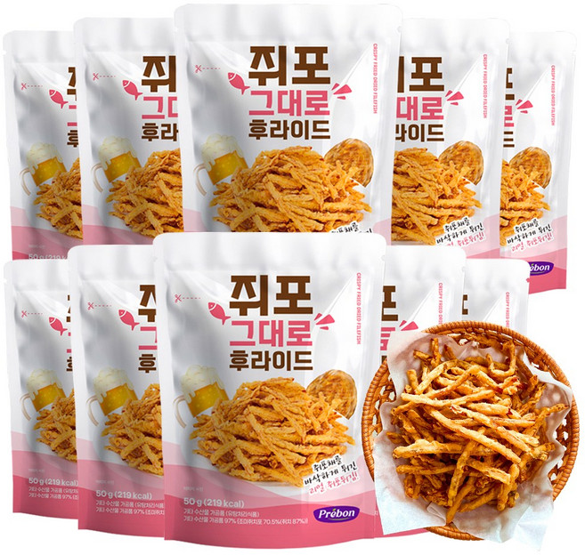 [프리본] 바삭하게 튀겨낸 리얼 쥐포튀김 쥐포 그대로 후라이드, 10개, 50g