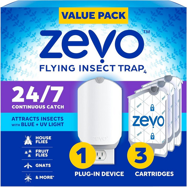 Zevo 플라잉 곤충 트랩 & 카트리지 - 파리 집 과일 파리를 위한 및 실내 벌레잡이 플러그인 지저분하지 않음 모든 방에서 사용 파란색 자외선기기 1개, 1 Device & 3, 1