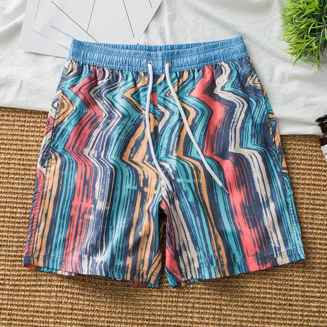 男士海邊沙灘褲 條紋印花 速乾可下水 寬鬆四分溫泉泳褲