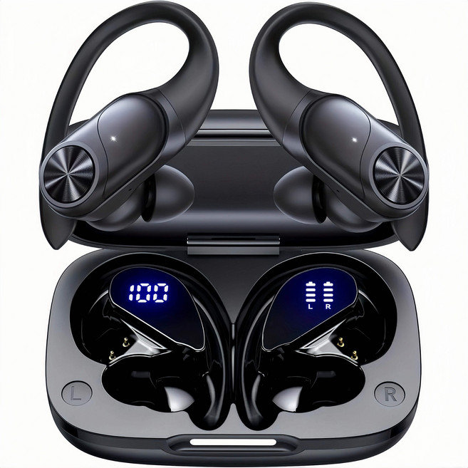 이어 이어폰 스포츠 블루투스 이어폰 80시간 초장거리 인이어 이어폰 고음질 통화 노이즈 캔슬링, 검은색, T60