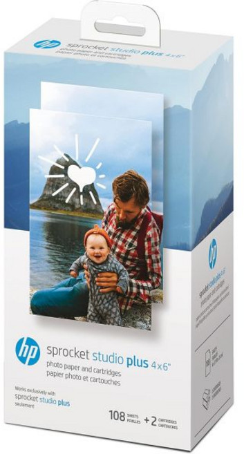HP Sprocket Studio Plus 4 x 6인치 포토 용지 및 카트리지 스타터 번들 108매 2개 스티커 프레임 사진 앨범 포함, Paper