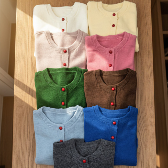 스토리원 WM-FWOT035 여성 레드버튼 라운드 니트 가디건