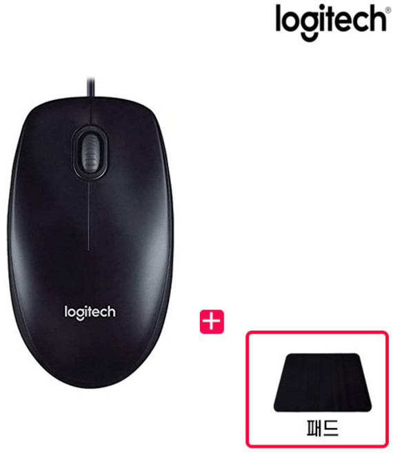 로지텍코리아 M90 + 마우스패드 사무용 저렴한 USB 유선마우스, 블랙, M90+패드