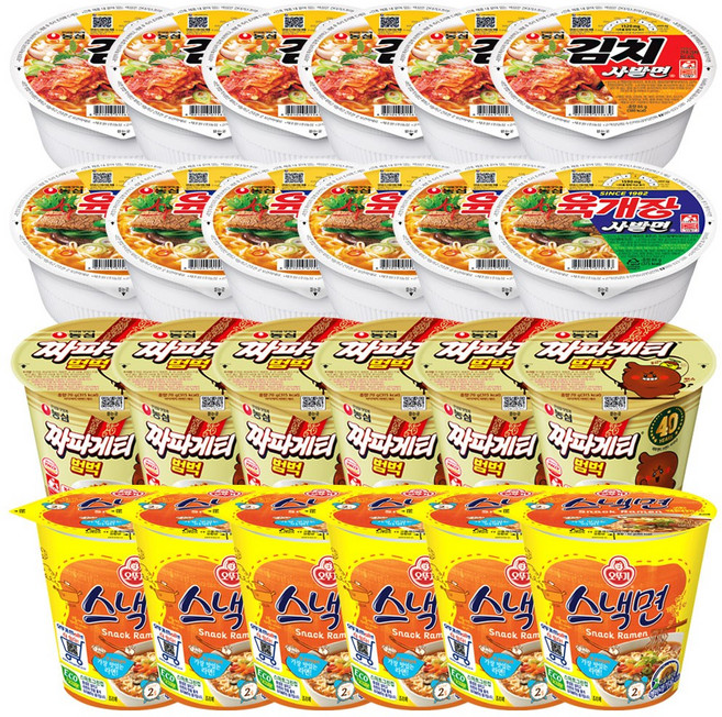 소컵라면 4종 육개장사발면+김치사발면+짜장범벅+스낵면, 1박스