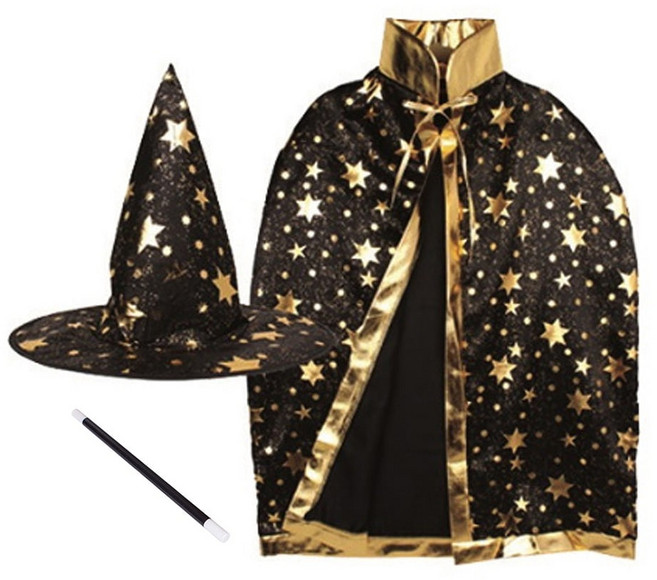 JL매직 마법사 코스튬 세트 파티 공연 할로윈 의상세트 별무늬 망토+모자+지팡이 마법사의상세트, 블랙, 1세트