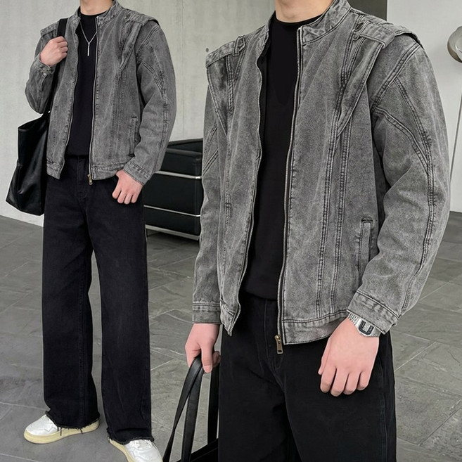 바이커 워싱 더블 커브드 절개 크롭핏 데님 자켓