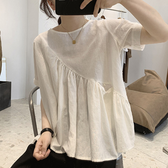 SAHINER 여성 반팔 블라우스 린넨 루즈핏 주름 데일리 캐주얼 BTX64