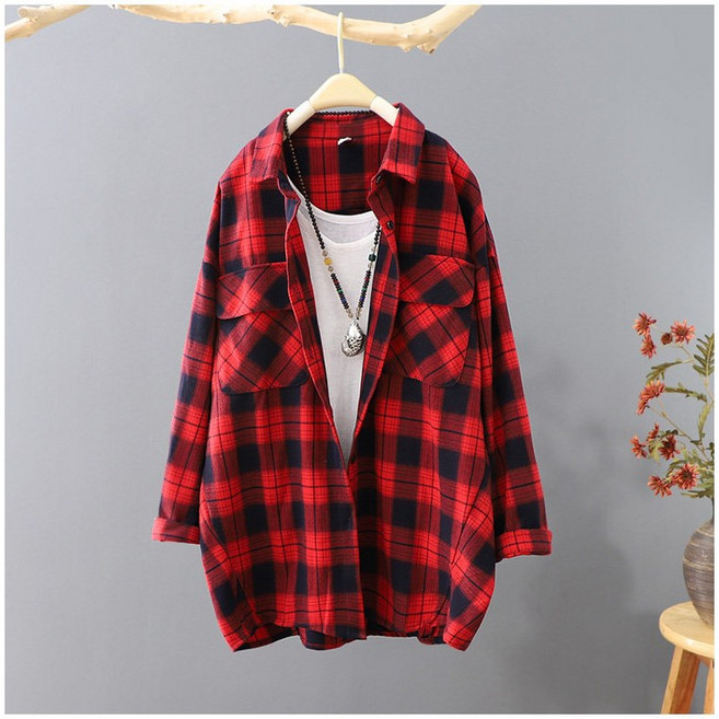 여성용 데일리 루즈핏 체크 남방 빅사이즈 미디 일반 칼라 긴팔 셔츠